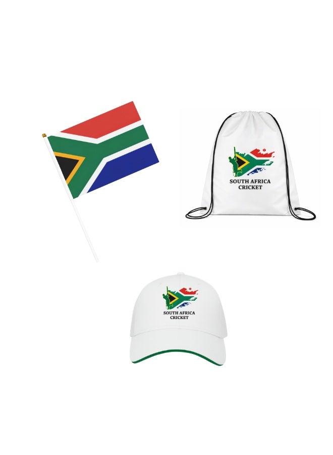 South Africa Sports Fans Combo Pack - Pack of 3 - Drawstring Bag, Hand Flag and Cap - South Africa Sports Enthusiasts Combo Pack - Ideal for Sports Matches and Events - Image 1